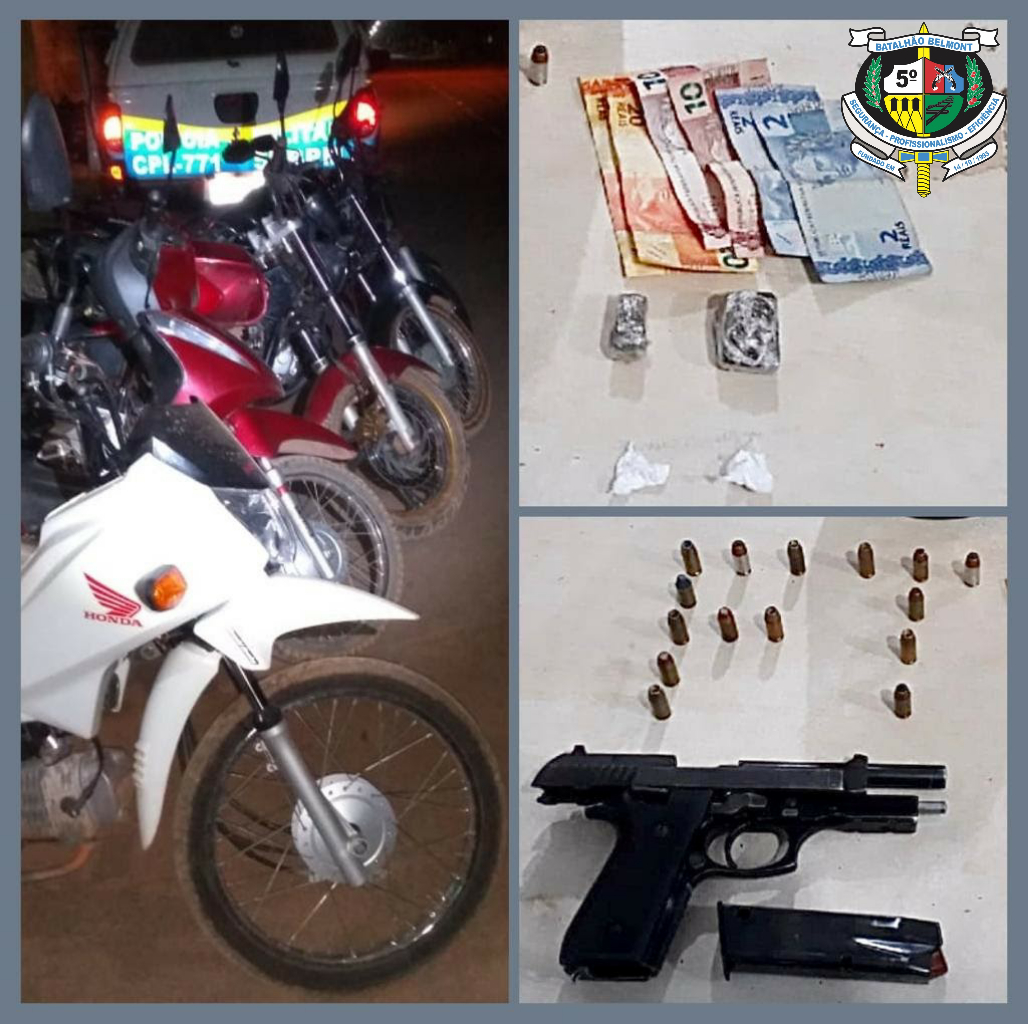 Força Tática do 5º BPM prende 3 aprende arma munições e 5 motos